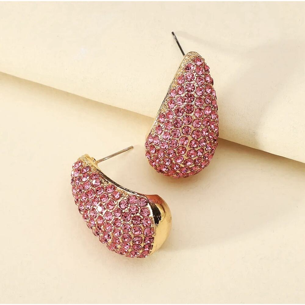 Anthropologie Hoop CZ Water Drop Inlaid Glass Teardrop Pink Gold Boho Cluster